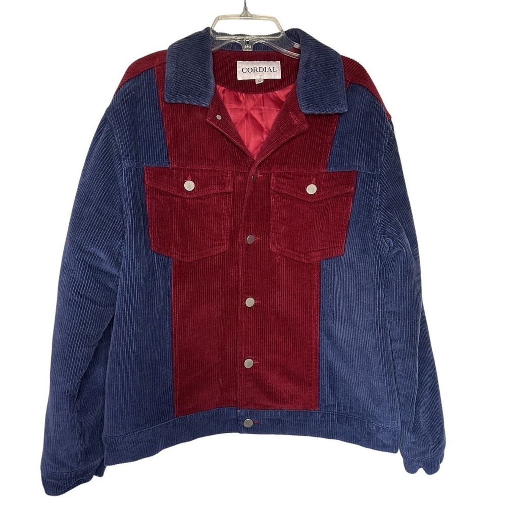 Vintage Corduroy PufferJacket Colorblock Red Blue Button Up Workwear Retro Large